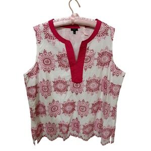 Talbots Plus Womens 2X Pink Red Medallion Embroidered Cotton Sleeveless Top Tank